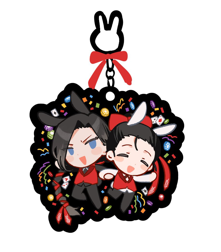 1boy, 1girl, animal_ears, black_hair, black_pants, bow, braid, card