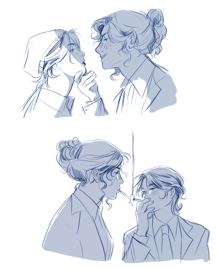 2girls, beanie, blue_theme, blush, cigarette, collared_shirt, cropped_shoulders, dream_smp, formal, genderswap, genderswap_(mtf), hair_bun, half-closed_eyes, hand_on_another's_chin, hand_on_another's_face, hat, height_difference, highres, holding, holding_cigarette, jacket, long_sleeves, looking_at_another, medium_hair, minecraft_youtube, monochrome, multiple_girls, quackity, routeriver, shirt, simple_background, single_hair_bun, sketch, smile, smoking, suit_jacket, white_background, wilbur_soot, yuri
