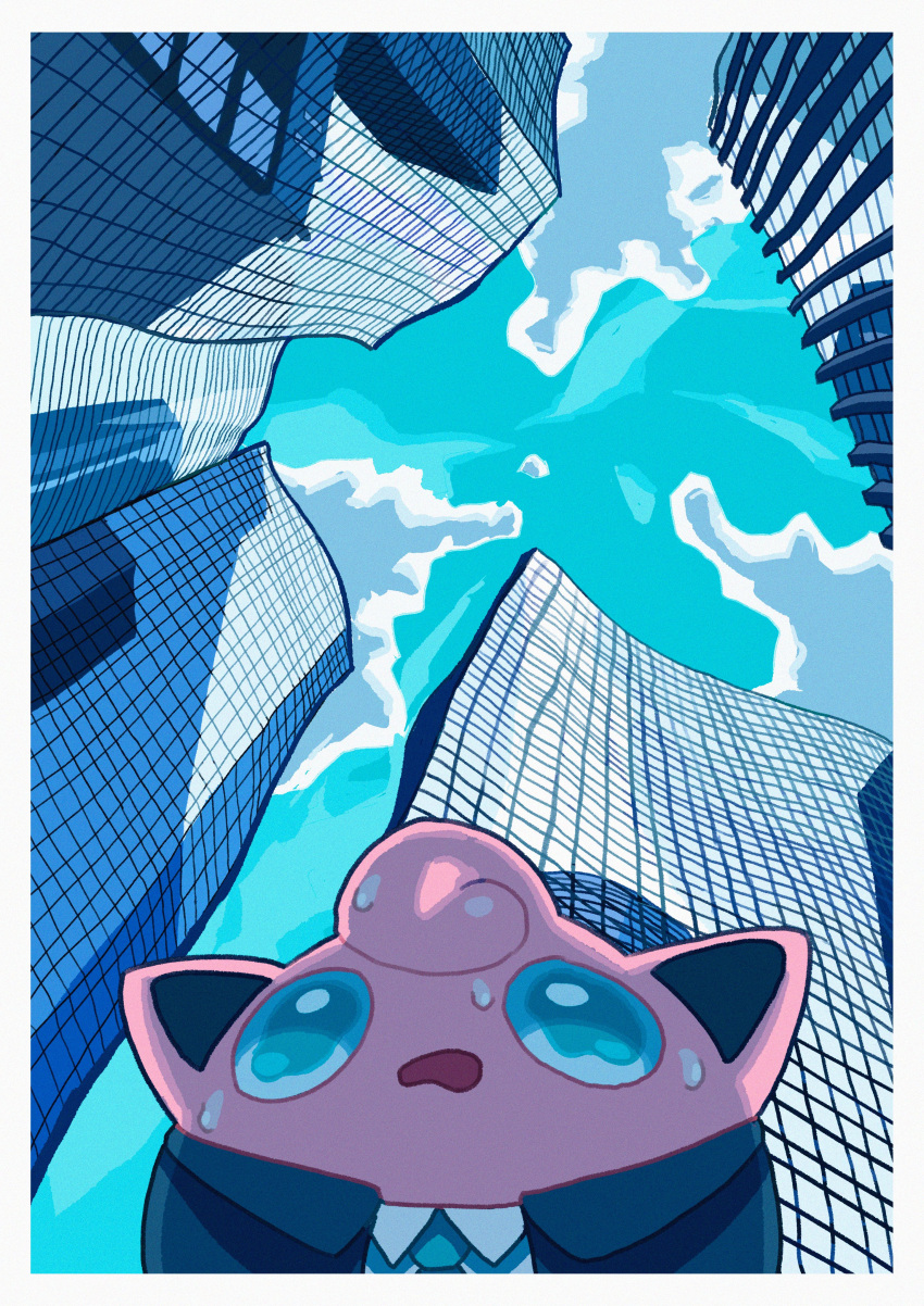 absurdres, blue_eyes, blue_sky, building, clouds, cloudy_sky, from_below, heat_haze