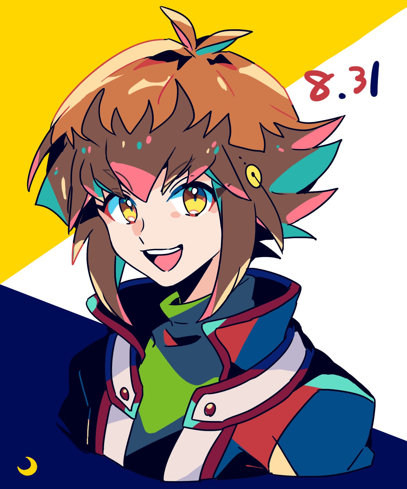 1boy, :d, birthday, black_shirt, brown_eyes, cropped_torso, dated, duel_academy_uniform_(yu-gi-oh!_gx)