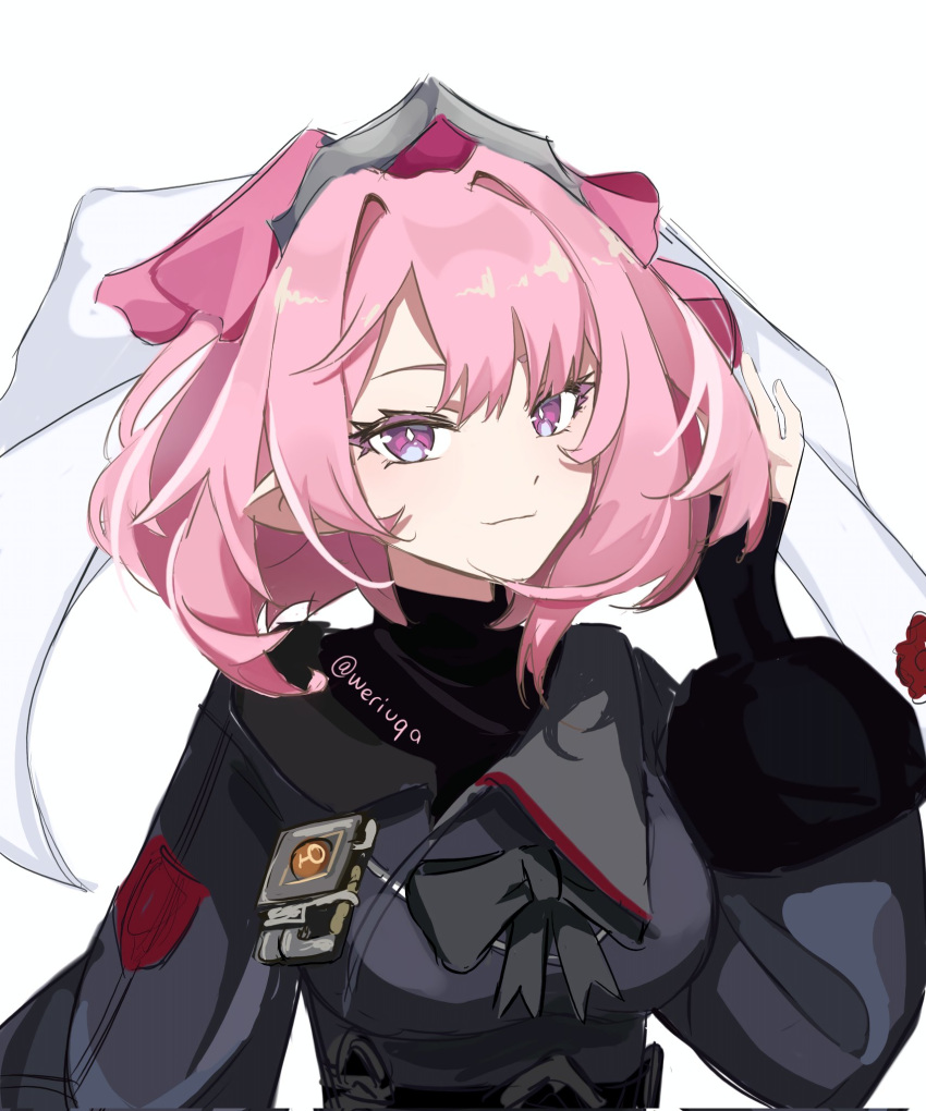 1girl, black_jacket, breasts, bridal_veil, hair_between_eyes, highres, jacket, large_breasts