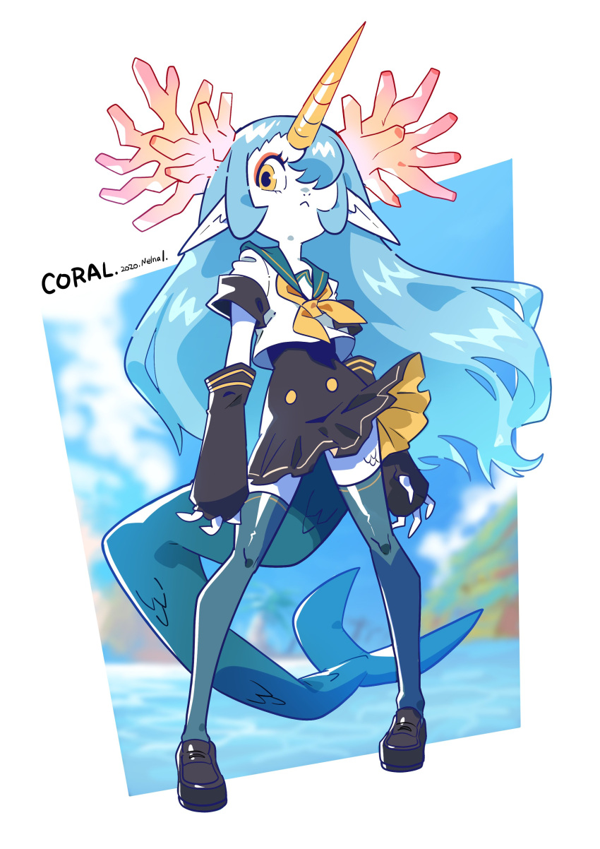 1girl, 2020, :<, absurdres, artist_name, black_footwear, black_sleeves, blue_hair
