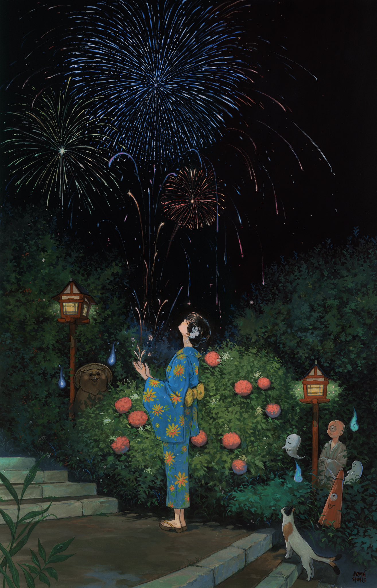 1boy, 1girl, aerial_fireworks, artist_name, back_bow, black_hair, black_sky, blue_kimono