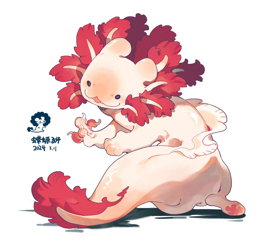15355451wer, :3, animal_focus, axolotl, claws, dated, fangs, fins, from_behind, full_body, highres, no_humans, open_mouth, original, signature, simple_background, solid_circle_eyes, solo, tail, white_background