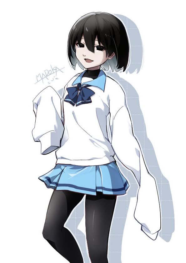 :d, arm_at_side, artist_name, black_eyes, black_hair, black_pantyhose, black_undershirt, blue_bow