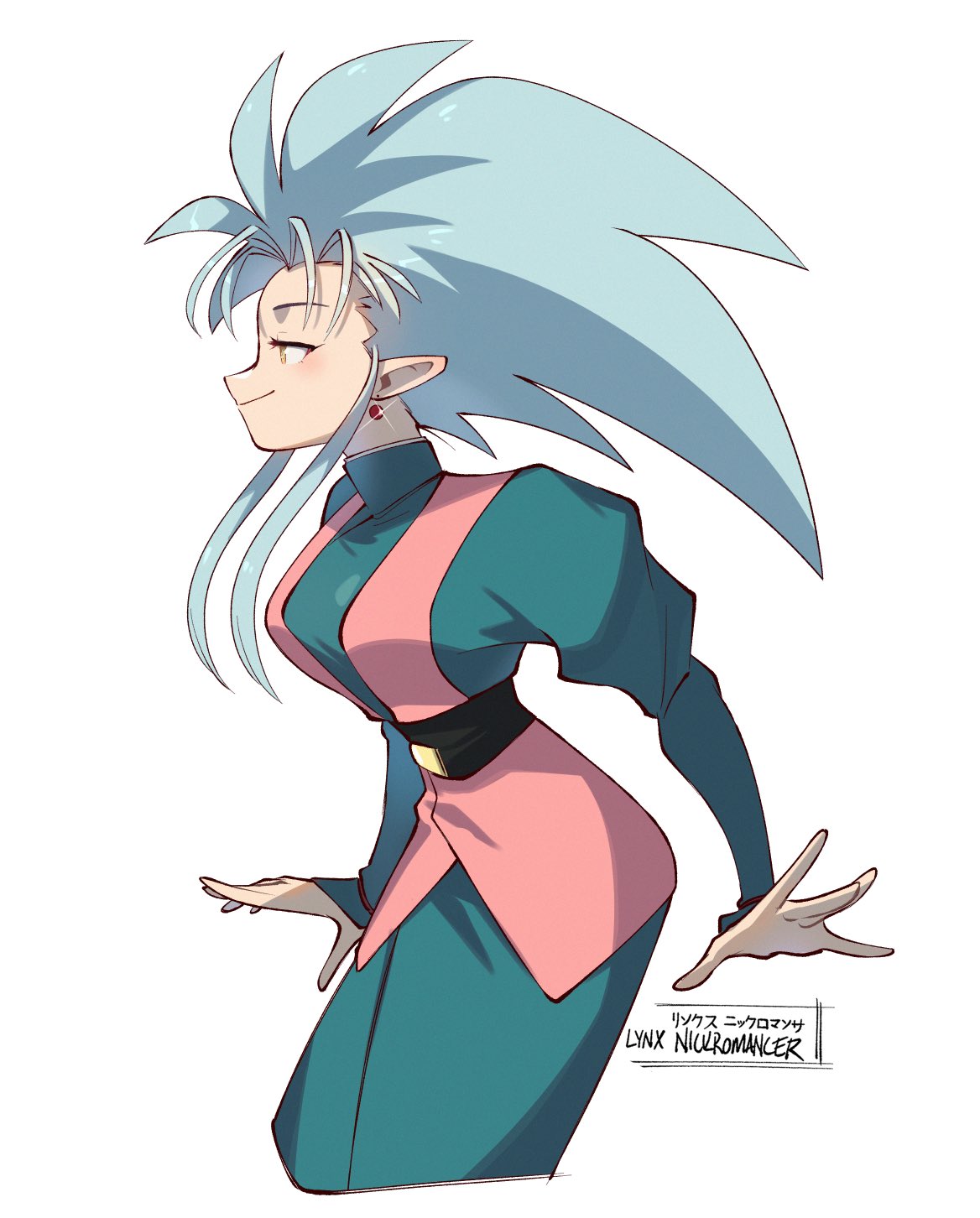 artist_name, belt, belt_buckle, black_belt, black_sash, blue_hair, breasts, buckle