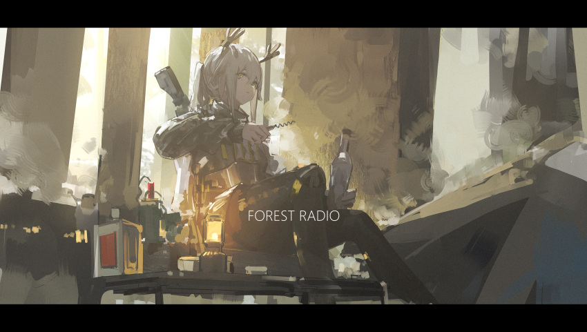 1girl, alcxome, antlers, arknights, bench, black_pants, black_shirt, bottle
