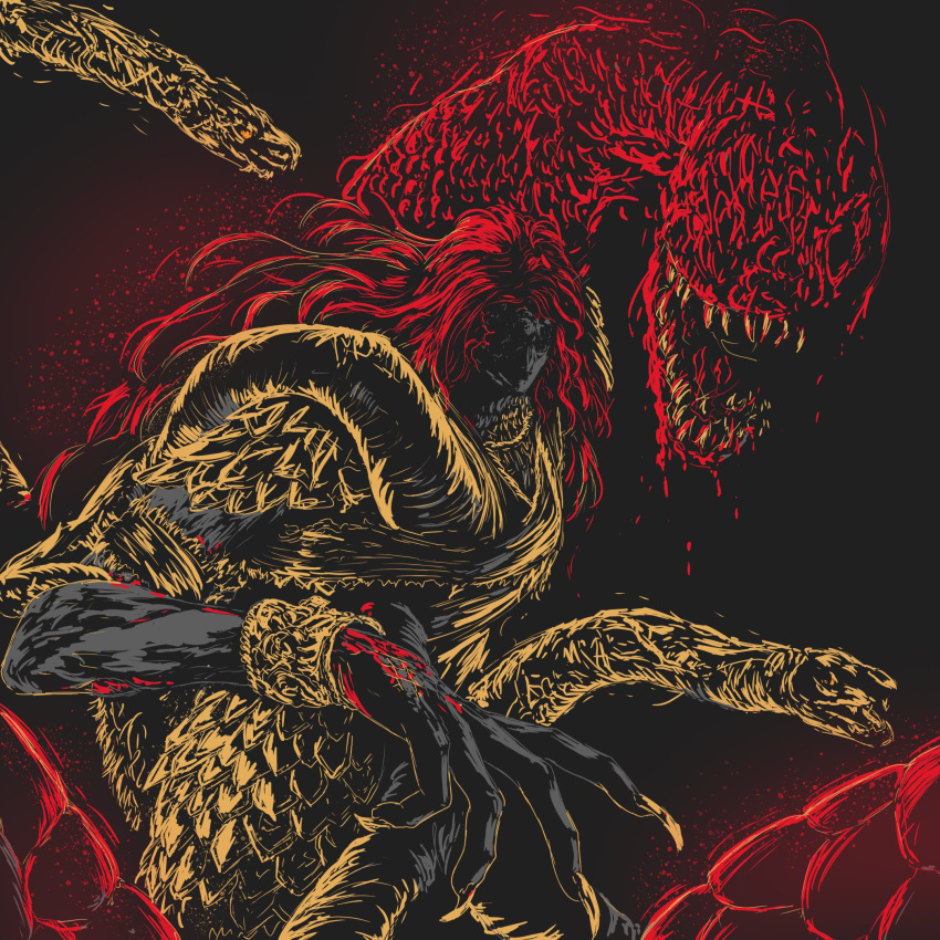 00osamio00, 1boy, animal, armor, base_serpent_messmer, black_background, blood, bracelet, breastplate, elden_ring, elden_ring:_shadow_of_the_erdtree, fingernails, highres, jewelry, long_hair, male_focus, open_mouth, redhead, scale_armor, sharp_fingernails, snake, solo, teeth
