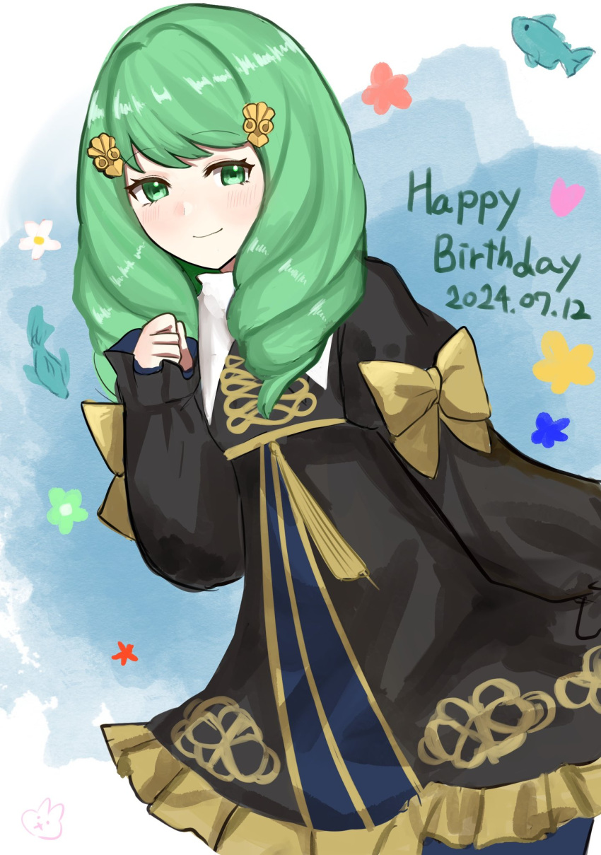 1girl, black_dress, commentary_request, dated, dress, drill_hair, fire_emblem, fire_emblem:_three_houses, flayn_(fire_emblem), garreg_mach_monastery_uniform, gold_trim, green_eyes, green_hair, hair_ornament, hairclip, happy_birthday, highres, long_hair, looking_at_viewer, otokajife, solo, twin_drills