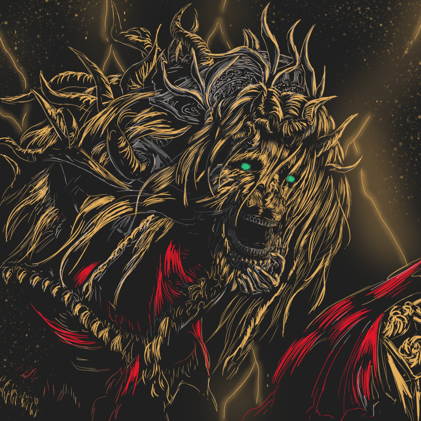 00osamio00, asymmetrical_horns, cloak, divine_beast_dancing_lion, elden_ring, elden_ring:_shadow_of_the_erdtree, green_eyes, highres
