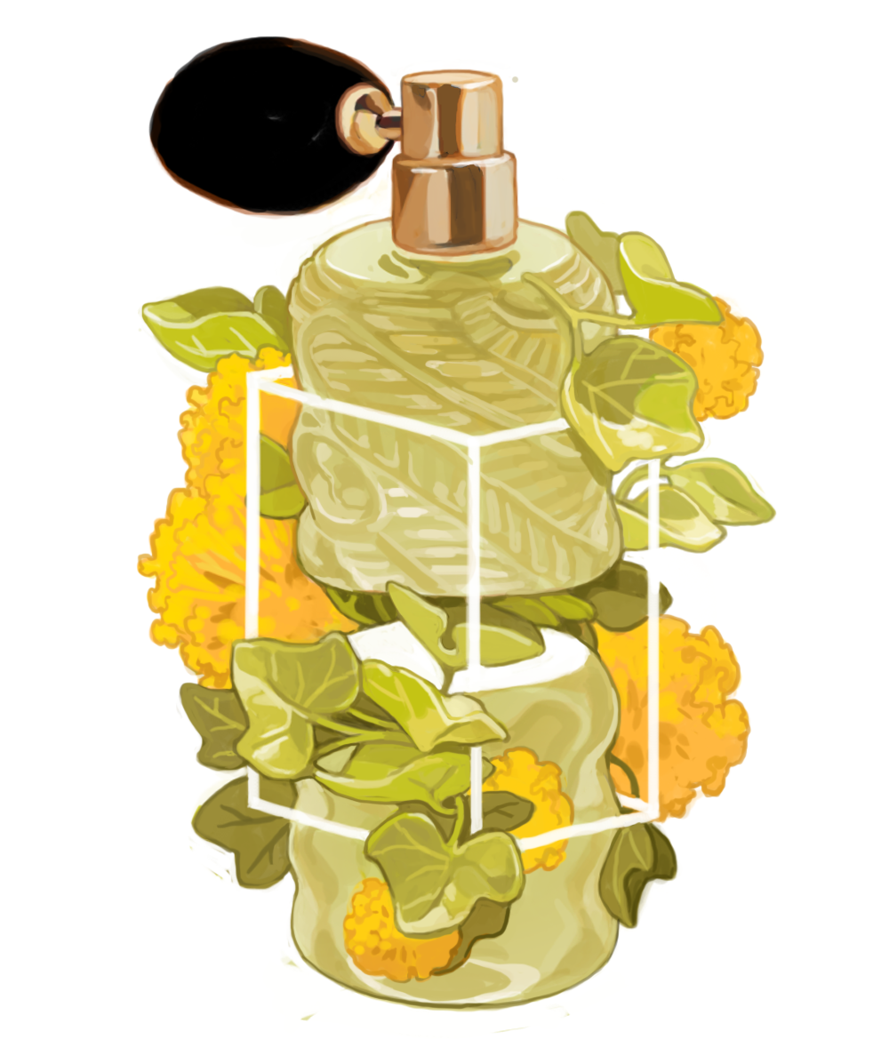 ad, analogous_colors, bottle, cosmetics, floating, flower, glass, glass_bottle
