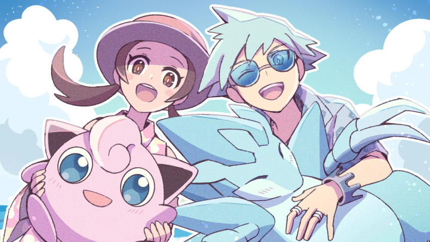 1boy, 1girl, :d, ;d, alolan_sandslash, blue_hair, brown_eyes, brown_hair