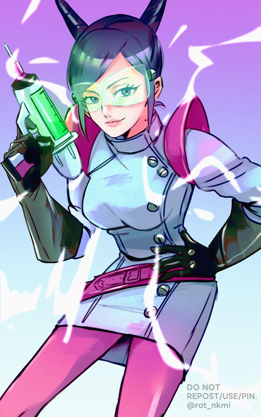 1girl, ace_attorney, aura_blackquill, black_gloves, closed_mouth, coat, drill_hair, energy_gun