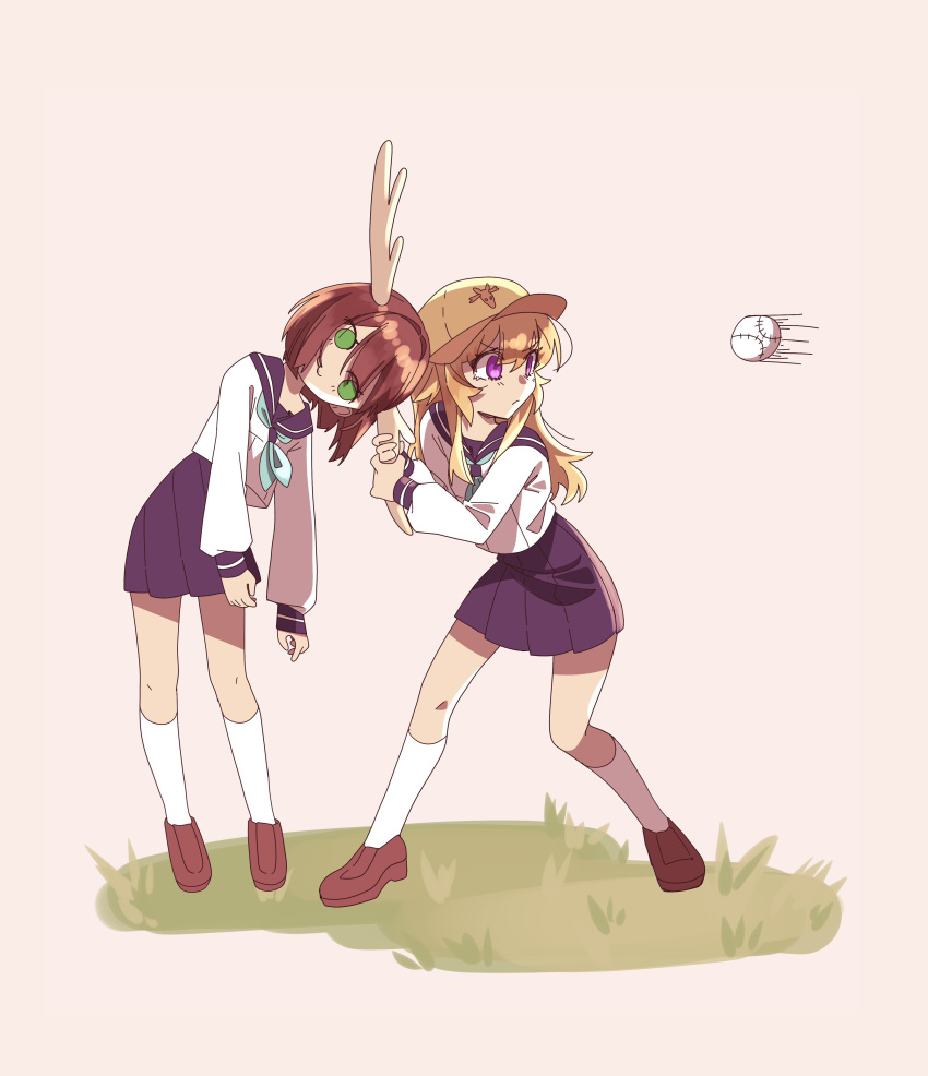 2girls, :3, absurdres, antlers, aqua_neckerchief, baseball, baseball_(object), baseball_cap
