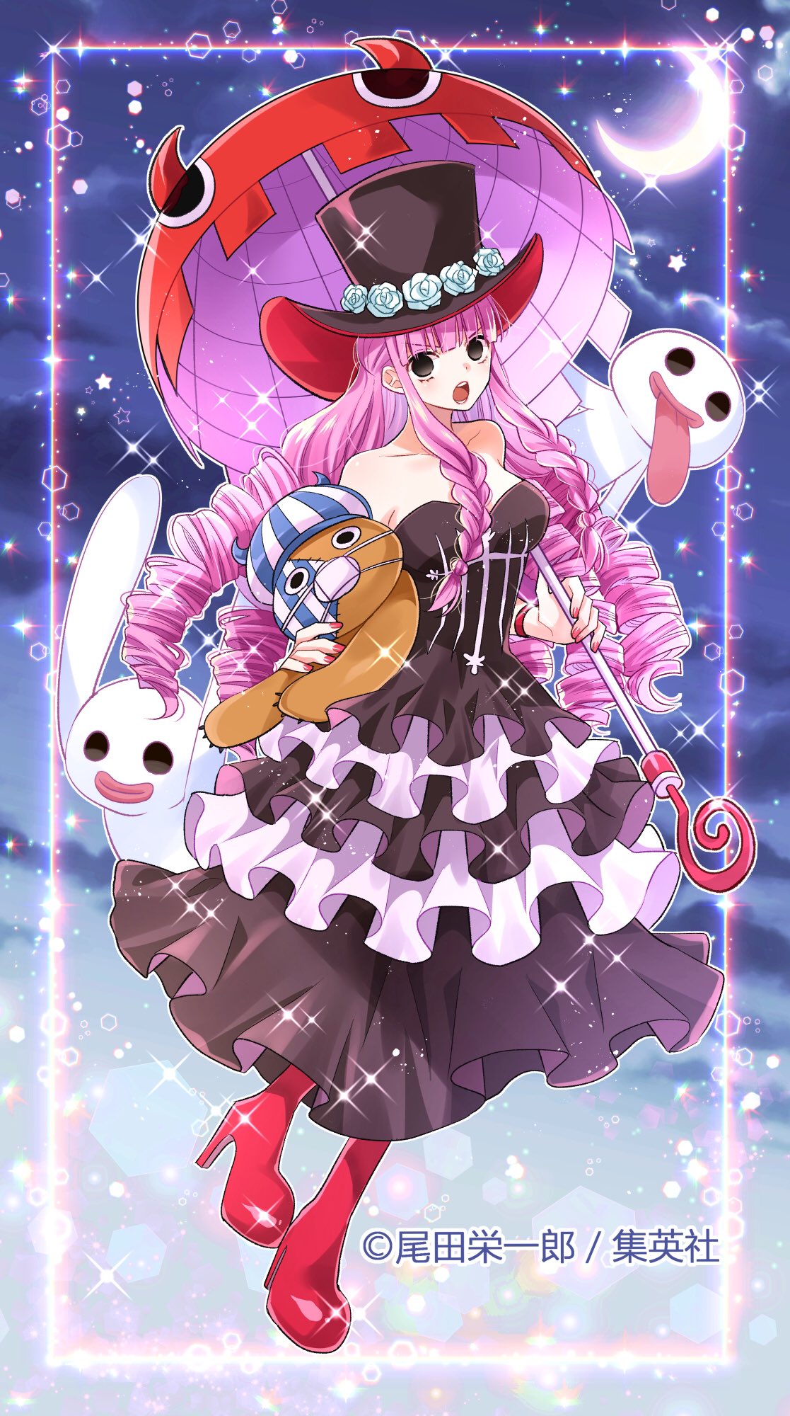 1girl, blunt_bangs, boots, braided_sidelock, clouds, commentary_request, dress, drill_hair