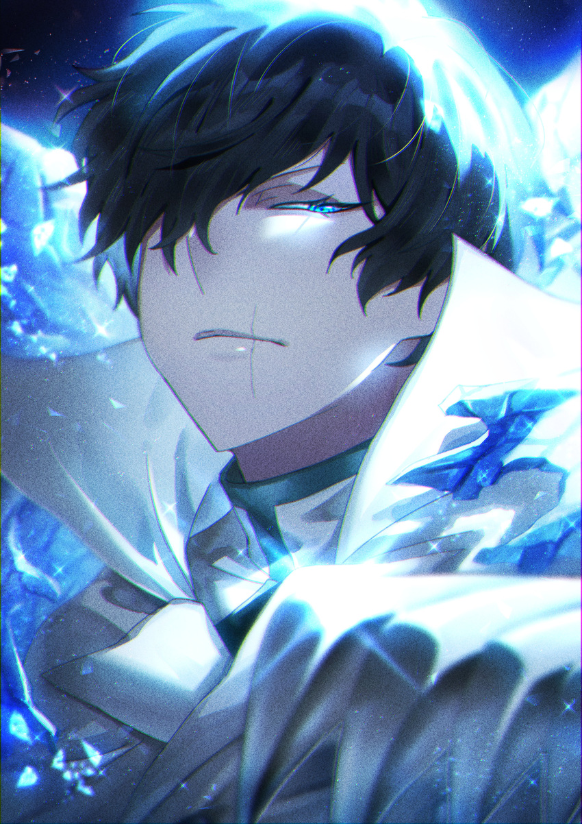 1boy, absurdres, bankai, black_hair, bleach, bleach:_sennen_kessen-hen, blue_eyes, blurry