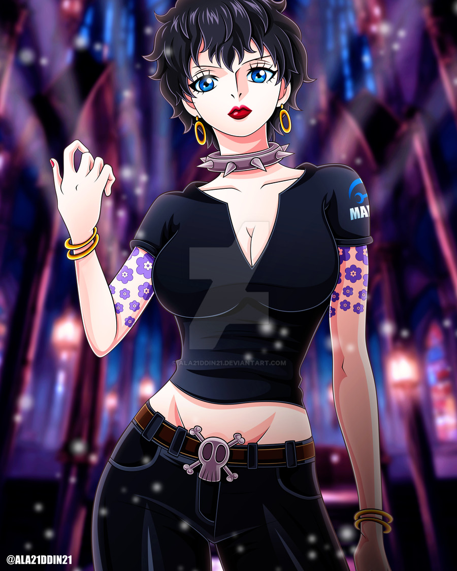 1girl, aladdin_(ala21ddin21), artist_name, black_hair, black_shirt, blue_eyes, bracelet, choker, closed_mouth, commentary, deviantart_logo, deviantart_username, doll_(one_piece), earrings, english_commentary, hoop_earrings, jewelry, lips, lipstick, looking_at_viewer, makeup, one_piece, red_lips, shirt, short_hair, short_sleeves, skull, solo, spiked_choker, spikes, web_address