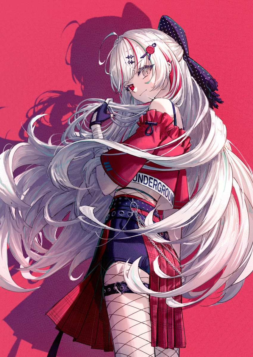 1girl, absurdres, ahoge, armillarphere_v, black_bow, bow, earrings, fingerless_gloves