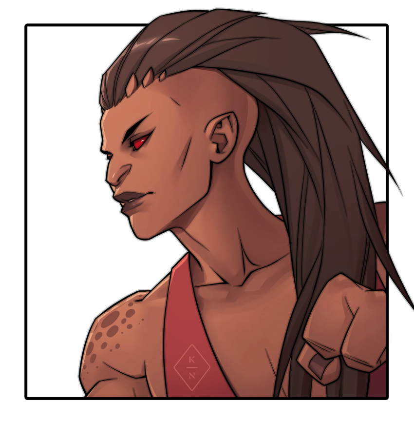1girl, clenched_hand, collarbone, colored_sclera, commentary, dark-skinned_female, dark_skin, english_commentary