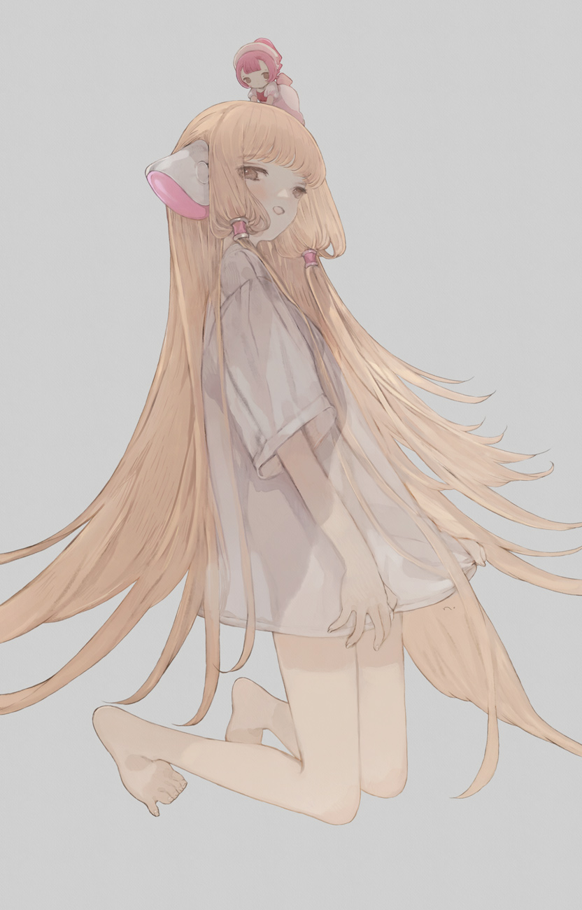 2girls, bare_shoulders, blonde_hair, brown_eyes, chii, chobits, full_body, hair_tubes