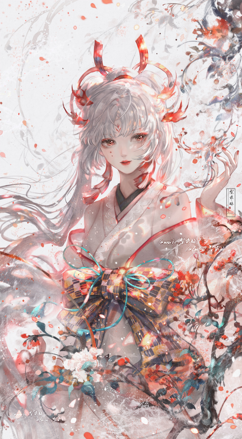 1girl, absurdres, aegyo_sal, artist_logo, bow, chinese_commentary, commentary_request, eyeliner, facial_mark, fire_hair_ornament, flower, forehead_mark, glitter_makeup, hair_ornament, hand_up, highres, japanese_clothes, kimono, li_guai_su, lofter_username, long_hair, looking_at_viewer, makeup, multiple_hair_buns, nail_polish, onmyoji, parted_bangs, parted_lips, red_eyeliner, red_eyes, red_flower, red_lips, red_nails, shiranui_(onmyoji), sideways_glance, smile, solo, teardrop_facial_mark, twintails, upper_body, waist_bow, white_flower, white_hair, white_kimono, yellow_bow