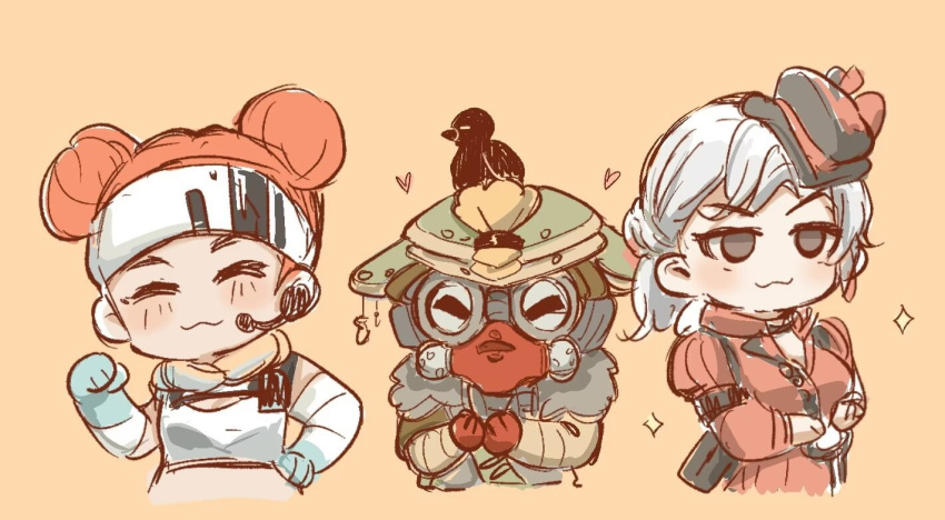 1other, 2girls, :3, ^_^, ambiguous_gender, animal_on_head, apex_legends, bird