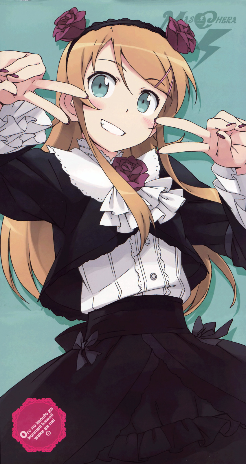 aqua_eyes, cosplay, double_v, gothic_lolita, grin, hair_ornament, hairclip, highres