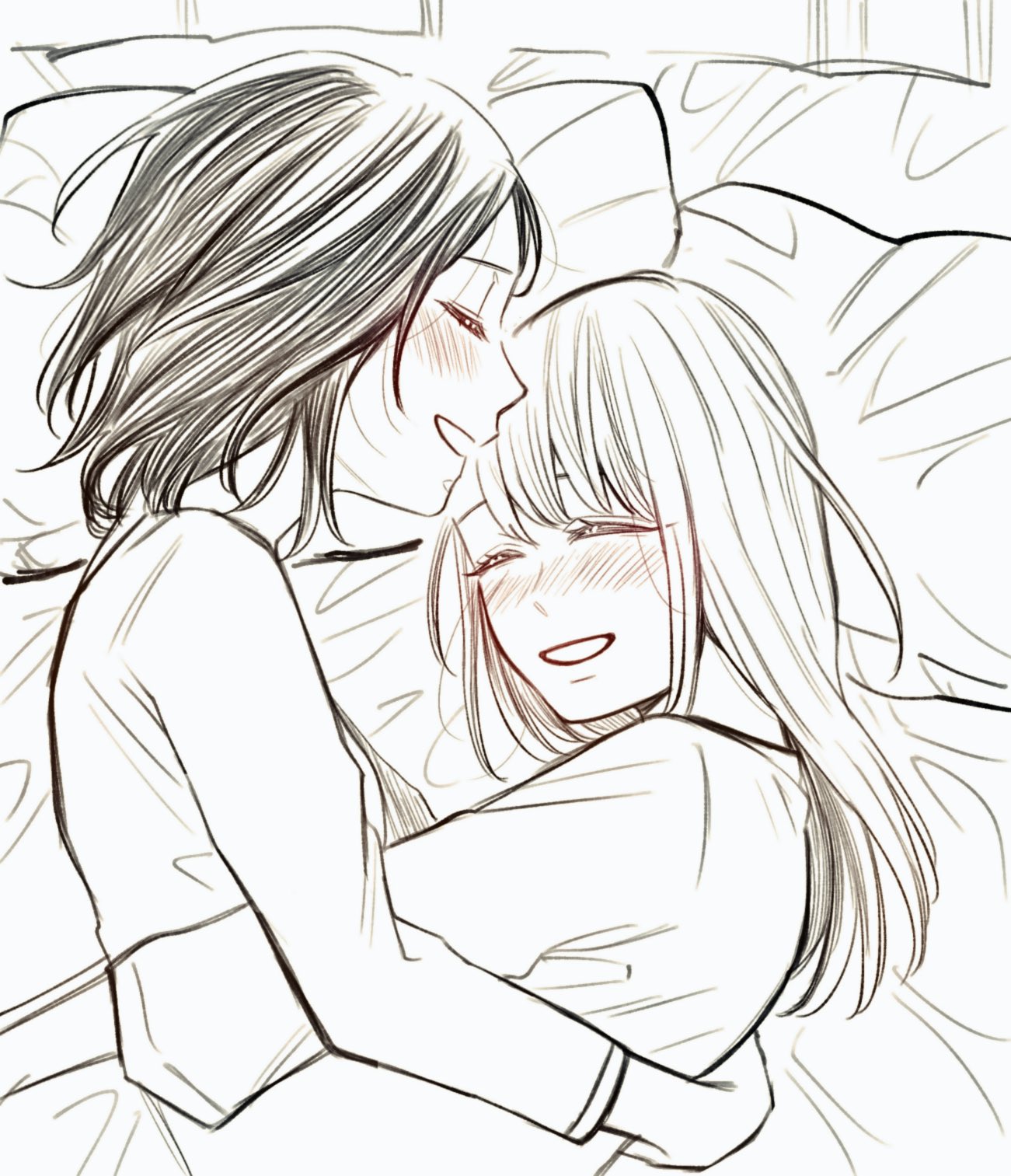 2girls, blush, closed_eyes, commentary_request, cuddling, from_above, greyscale, highres