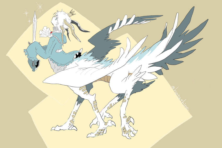 1boy, ascot, blue_coat, blue_eyes, centauroid, coat, commentary_request, crown, dragon_boy, dragon_horns, feathered_wings, feathers, full_body, highres, holding, holding_sword, holding_weapon, horns, hotathino, long_sleeves, male_focus, monster_boy, multiple_horns, original, short_hair, sleeves_past_fingers, sleeves_past_wrists, solo, standing, sword, taur, weapon, white_ascot, white_feathers, white_hair, wings, yellow_background