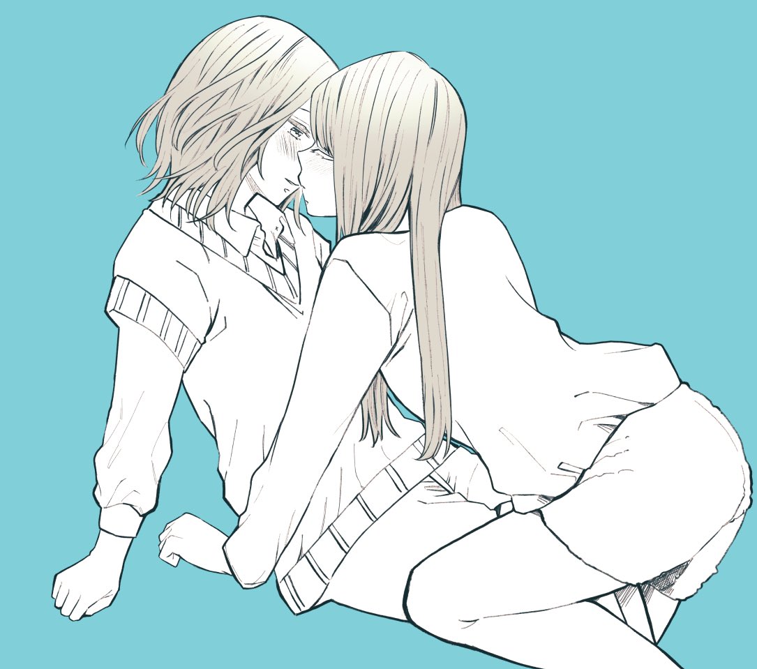 2girls, between_legs, blue_background, blush, closed_eyes, commentary_request, greyscale_with_colored_background, ichino_rai