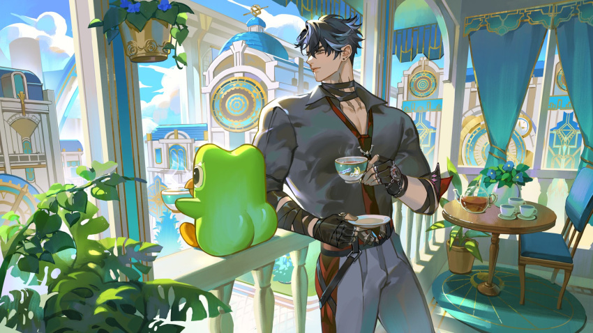 1boy, 1other, ass, balcony, bishounen, black_hair, chair, closed_mouth