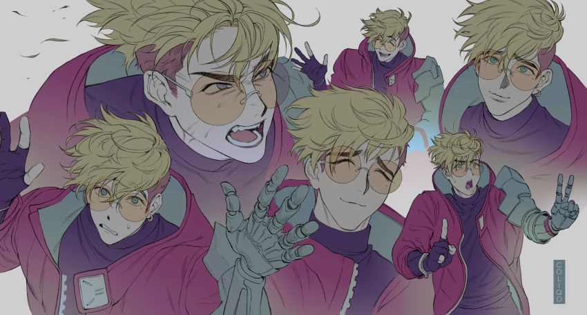 1boy, :3, angry, artist_name, asymmetrical_hair, bishounen, black_gloves, black_shirt, blonde_hair, blue_eyes, closed_eyes, coliqo, earrings, expressions, glasses, gloves, high_collar, highres, hood, jacket, jewelry, looking_at_viewer, looking_to_the_side, male_focus, mechanical_arms, mole, mole_under_eye, multiple_views, orange-tinted_eyewear, pursed_lips, red_jacket, shirt, short_hair, sidecut, simple_background, single_earring, single_mechanical_arm, smile, surprised, sweat, thick_eyebrows, tinted_eyewear, trigun, trigun_stampede, undercut, upper_body, v, vash_the_stampede, white_background
