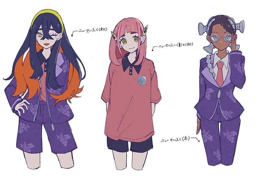 3girls, amarys_(pokemon), black_hair, blueberry_academy_(emblem), blueberry_academy_school_uniform, braid, carmine_(pokemon), closed_mouth
