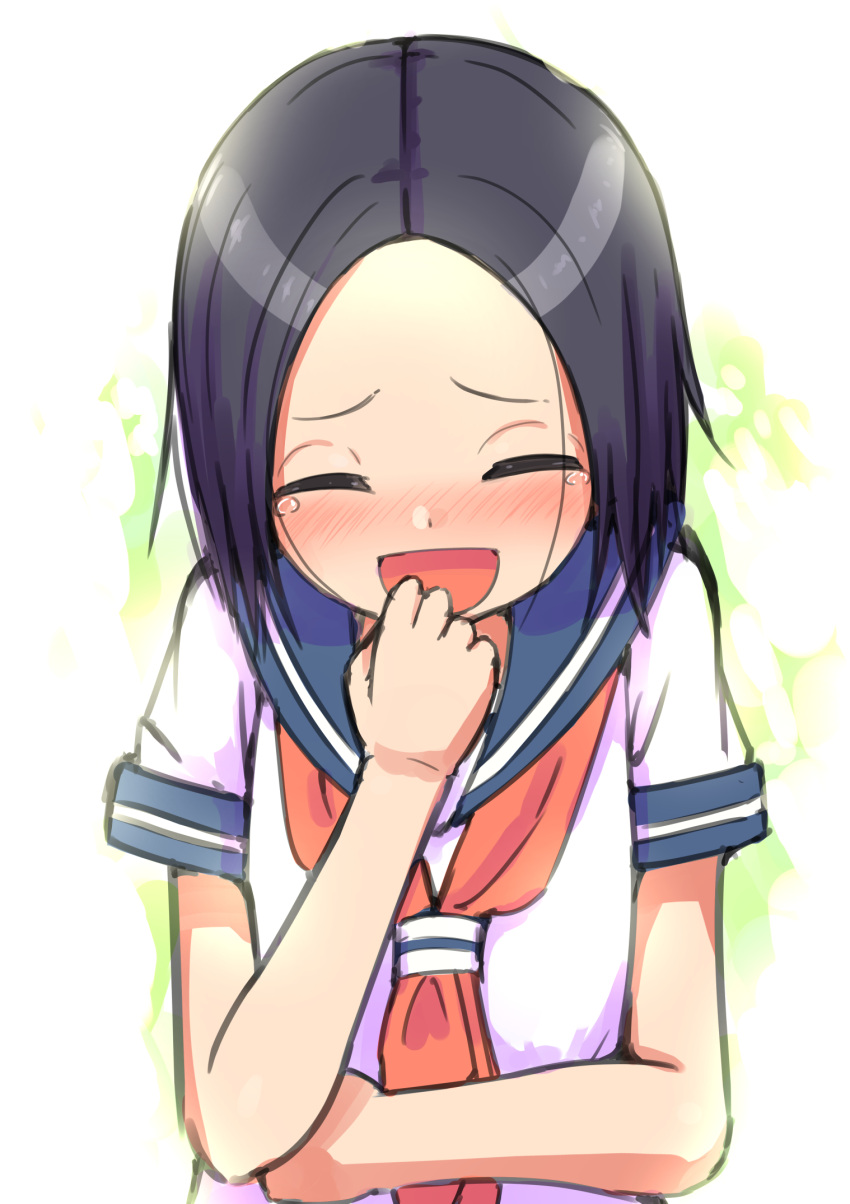 1girl, blue_sailor_collar, blush, closed_eyes, highres, karakai_jouzu_no_takagi-san, laughing, medium_hair