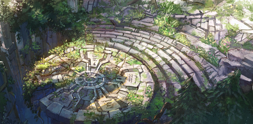 architecture, dappled_sunlight, day, highres, mesoamerican_architecture, no_humans, original, painting_(medium)