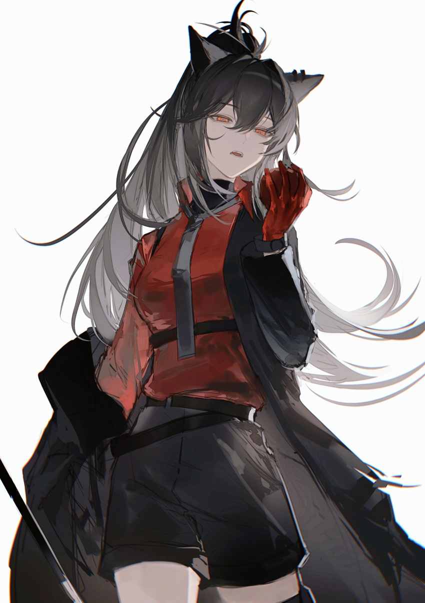 1girl, absurdres, animal_ears, apple, arknights, black_coat, black_hair, black_necktie
