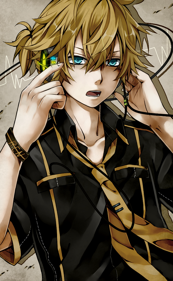 1boy, antistatic_wrist_strap, black_shirt, blonde_hair, blue_eyes, cable, headphones, kagamine_len, koubou, male_focus, necktie, open_mouth, shirt, short_sleeves, solo, vocaloid, yellow_necktie