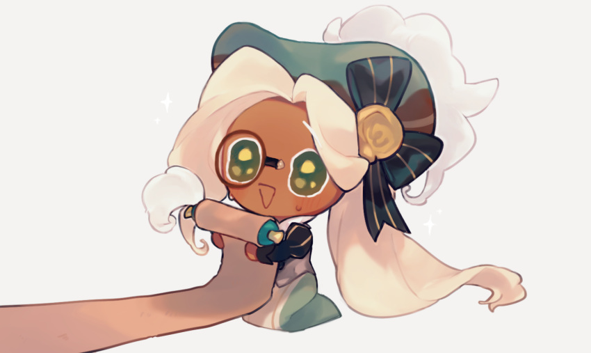 1boy, :d, asymmetrical_bangs, black_ribbon, black_sleeves, blonde_hair, blush, cookie_run