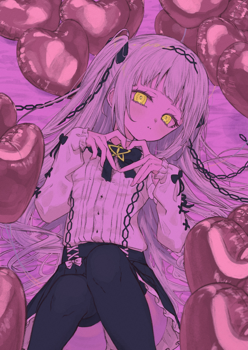 1girl, 4-fingers_heart_hands, absurdres, arched_bangs, balloon, blunt_bangs, bow, bowtie