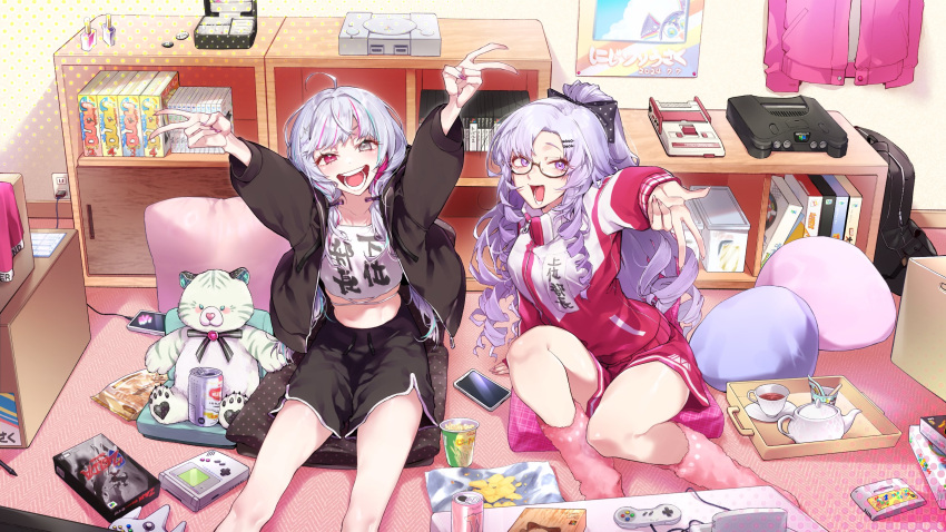 2girls, agohige_x, ahoge, bow, cellphone, double_v, drill_hair, famicom, game_boy, game_console, glasses, grey_eyes, grey_hair, gyaru_v, hair_bow, hair_ornament, hairclip, handheld_game_console, heterochromia, highres, hyakumantenbara_salome, hyakumantenbara_salome_(casual), ishigami_nozomi, jacket, long_hair, midriff, multicolored_hair, multiple_girls, nijisanji, nintendo_64, official_alternate_costume, open_mouth, phone, playstation_1, ponytail, purple_hair, red_jacket, shorts, sitting, smartphone, super_famicom, track_jacket, v, violet_eyes