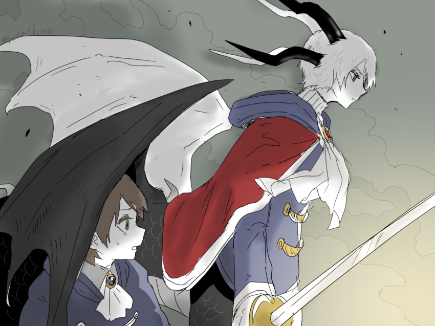 2boys, ascot, blue_coat, brown_hair, cape, centauroid, coat, commentary_request