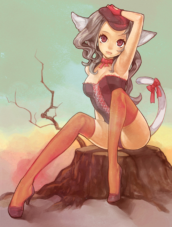 1girl, animal_ears, armpits, arms_up, breasts, cat_ears, cat_tail, cleavage, corset, fingerless_gloves, gloves, hat, hitowa, legs, lips, long_hair, nekomimi, original, panties, red_eyes, ribbon, silver_hair, sitting, solo, tail, tail_ribbon, thighhighs