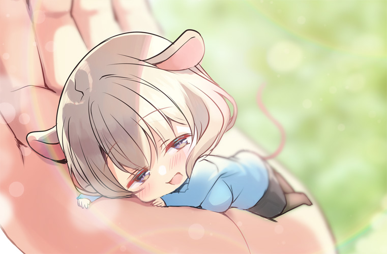 1girl, 1other, animal_ears, black_skirt, blue_shirt, blurry, blurry_background, blush