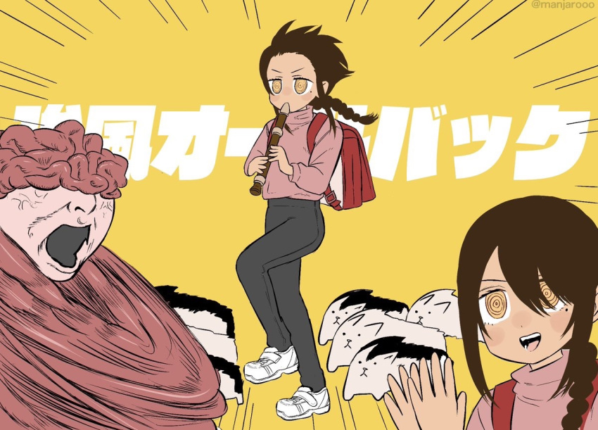 backpack, bag, bangs_blown_up, black_pants, braid, braided_ponytail, brown_eyes, chainsaw_man