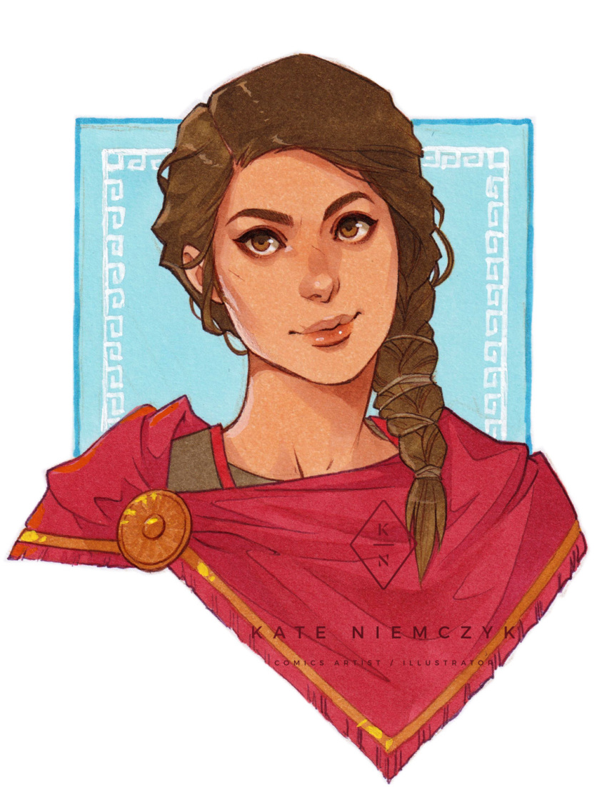 1girl, artist_name, assassin's_creed:_odyssey, assassin's_creed_(series), braid, brown_eyes, brown_hair, capelet