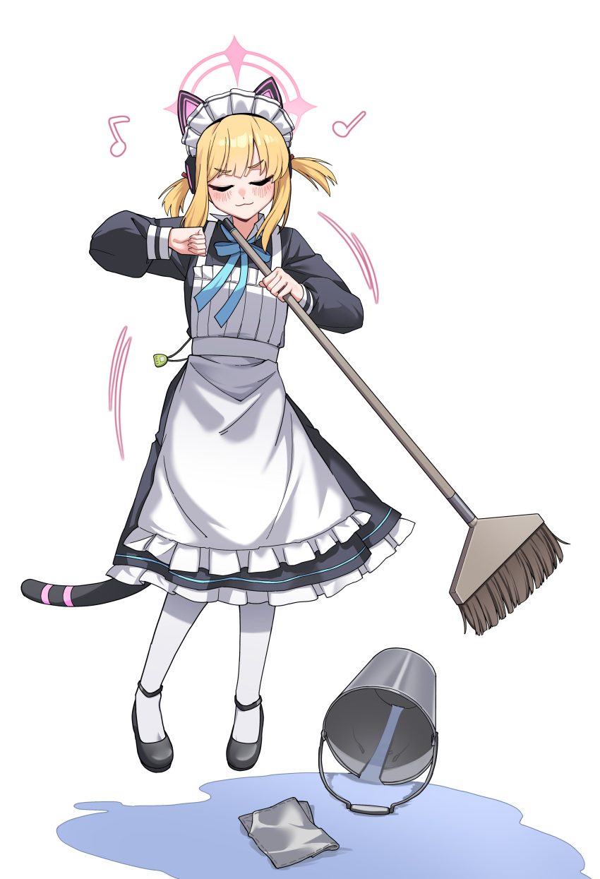 1girl, absurdres, animal_ear_headphones, animal_ears, apron, black_dress, blonde_hair, blue_archive