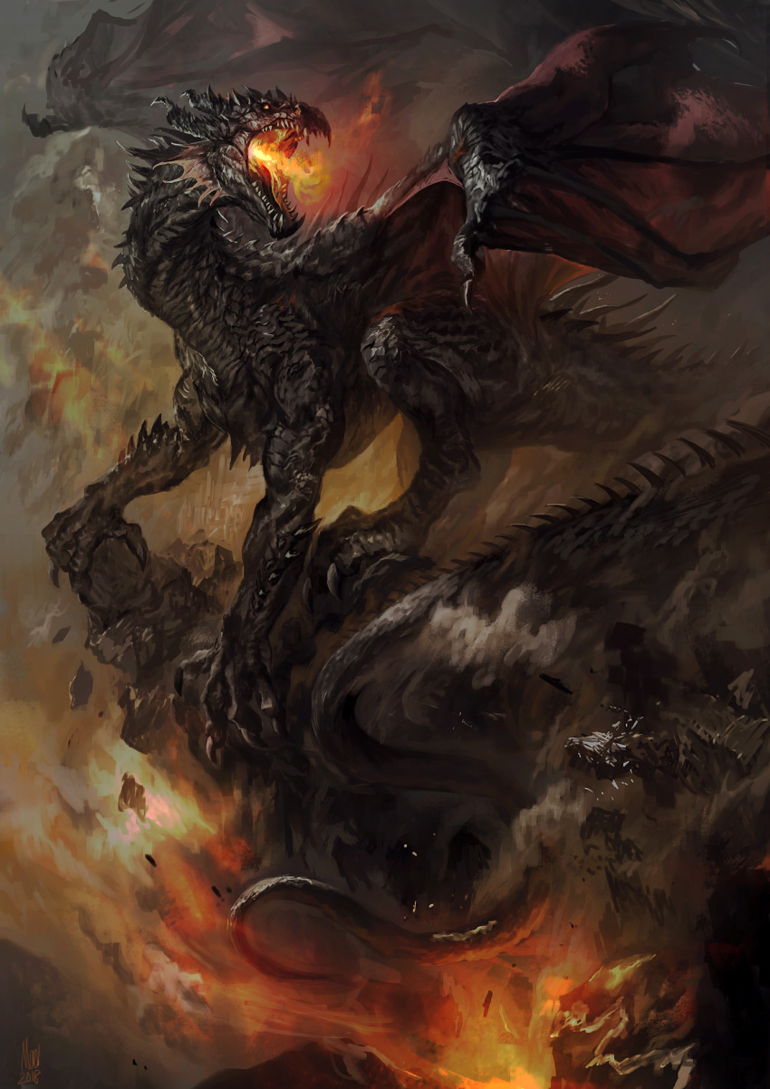 animal_focus, breath_weapon, breathing_fire, claws, debris, dragon, fins, fire