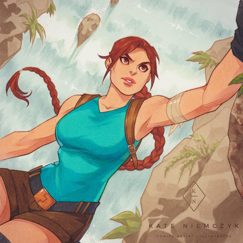 1girl, artist_name, belt, black_belt, black_gloves, blue_tank_top, braid, braided_ponytail, breasts, brown_shorts, commentary, gloves, highres, kasia_nie, lara_croft, large_breasts, long_hair, parted_lips, pink_lips, short_shorts, shorts, single_braid, solo, tank_top, tomb_raider, toned_female, v-shaped_eyebrows, very_long_hair, water, waterfall, watermark
