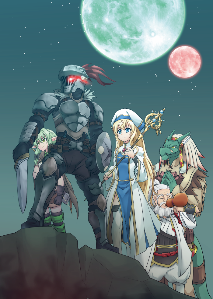 2girls, 3boys, black_footwear, black_pants, blonde_hair, boots, brown_gloves, brown_shorts, cape, colored_skin, drinking, dwarf, dwarf_shaman_(goblin_slayer!), eye_trail, fen_(gunpura), gloves, goblin_slayer, goblin_slayer!, green_eyes, green_footwear, green_moon, green_skin, grey_armor, headdress, helmet, high_elf_archer_(goblin_slayer!), holding, holding_shield, holding_staff, holding_sword, holding_weapon, knee_guards, light_trail, lizard_priest_(goblin_slayer!), lizard_tail, lizardman, long_hair, moon, multiple_boys, multiple_girls, native_american_clothes, native_american_headdress, night, night_sky, outdoors, pants, pelvic_curtain, pointy_ears, priestess, priestess_(goblin_slayer!), quiver, red_moon, shakujou, shield, shoes, shorts, shoulder_guard, sky, staff, sword, tail, thigh_boots, weapon, white_footwear, white_hair, white_pants, zettai_ryouiki