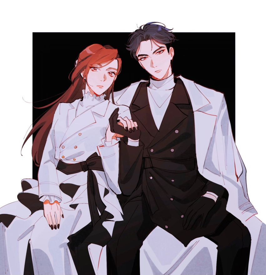 1boy, 1girl, a3!, black_background, black_gloves, black_hair, black_nails, black_suit